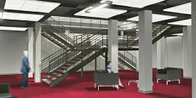 reforma de las oficinas del grupo Alstom en La Courneuve Francia . Detalle de las escaleras del espacio de recepción